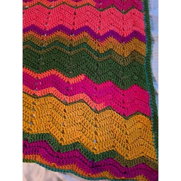 Vintage Handmade Colorful Neon Zigzag Chevron Throw Blanket Festival Crochet - Picture 3 of 8